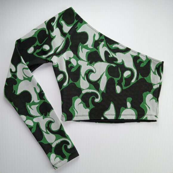 ZARA Women's One Shoulder Crop Top Size Medium Green Black White Knit - Picture 4 of 6